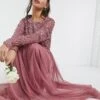 Maya Delicate Sequin Long Sleeve Maxi Dress With Ruffle Detail With Tulle Skirt In Rose/pink