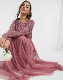 Maya Delicate Sequin Long Sleeve Maxi Dress With Ruffle Detail With Tulle Skirt In Rose/pink