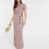 Maya High Neck All Over Floral Embellished Maxi Dress With Satin Belt Maxi Dress In Pink