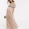 ASOS Maya Maternity Bridesmaid Bardot Maxi Tulle Dress With Tonal Delicate Sequins In Taupe Blush