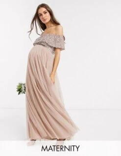 ASOS Maya Maternity Bridesmaid Bardot Maxi Tulle Dress With Tonal Delicate Sequins In Taupe Blush