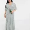 Maya Plus Plunge Front Flutter Sleeve Delicate Sequin Maxi Dress In Sage Green