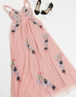 Maya Tall Plunge Front Contrast Floral Embellished Maxi Dress In Pink