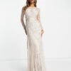 Miss Selfridge Premium Embellished Cut Out Long Sleeve Maxi Dress In Cream