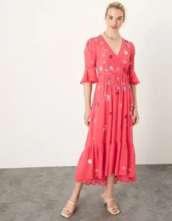 Monsoon Aimee Embellished Wrap Dress In Recycled Polyester Orange -EleganceWear Store monsoon aimee embellished wrap dress in recycled polyester orange1 e1652383902571