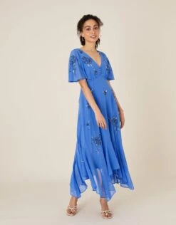 Monsoon Amira Embellished Hanky Hem Dress Blue