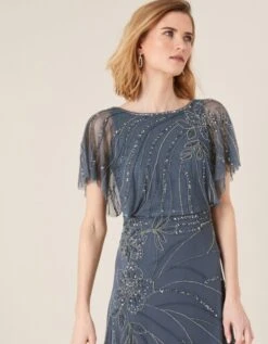 Monsoon Autumn Floral Embellished Maxi Bridesmaid Dress Blue