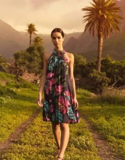 Monsoon Bria Palm Print Halter Dress In Sustainable Viscose Blue/multi