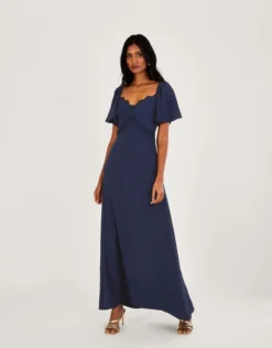 Monsoon Charlotte Crepe Maxi Bridesmaid Dress Navy Blue