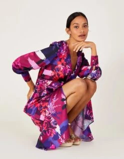 Monsoon Darcie Satin Print Midi Dress Pink Multi