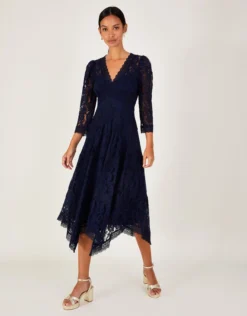 Monsoon Ellen Lace Hanky Hem Dress Navy Blue