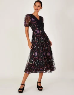 Monsoon Fenn Embroidered Midi Dress In Recycled Polyester Black/multi