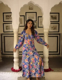 Monsoon Florella Floral Midi Dress In Sustainable Viscose Blue/multi