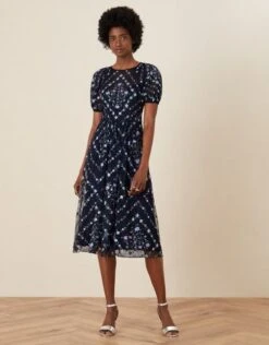Monsoon Hele Floral Embroidered Midi Dress Navy Blue/Multi