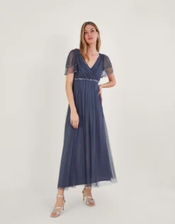 Monsoon Isla Spot Mesh Maxi Bridesmaid Dress Blue