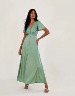 Monsoon Ivy Satin Maxi Bridesmaid Dress Green