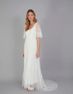 Monsoon Julita Embroidered Lace Trim Bridal Dress Ivory