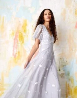 Monsoon Kaitlyn Embroidered Maxi Bridesmaid Dress Blue/pale Lilac/white