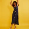 Monsoon Marisa Embroidered Midi Dress Blue Navy Yellow