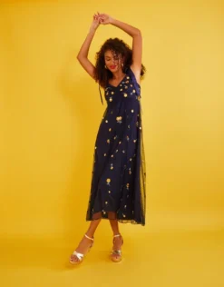 Monsoon Marisa Embroidered Midi Dress Blue Navy Yellow