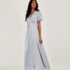Monsoon Mia Satin Embroidered Maxi Bridesmaid Dress Silver