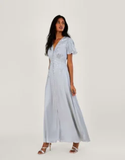 Monsoon Mia Satin Embroidered Maxi Bridesmaid Dress Silver