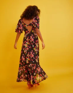 Monsoon Mina Print Tea Dress In Sustainable Viscose Black Multi