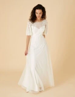 Monsoon Short Sleeve Embroidered Bridal Maxi Dress Ivory
