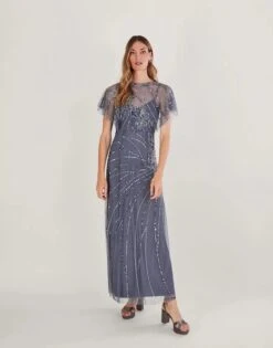 Monsoon Sienna Embellished Maxi Bridesmaid Dress Blue