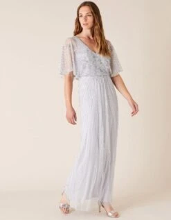Monsoon Tabitha Embellished Maxi Dress, Silver/Light Grey