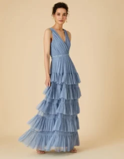 Monsoon Tilly Tiered Maxi Bridesmaid Dress In Recycled Polyester Blue