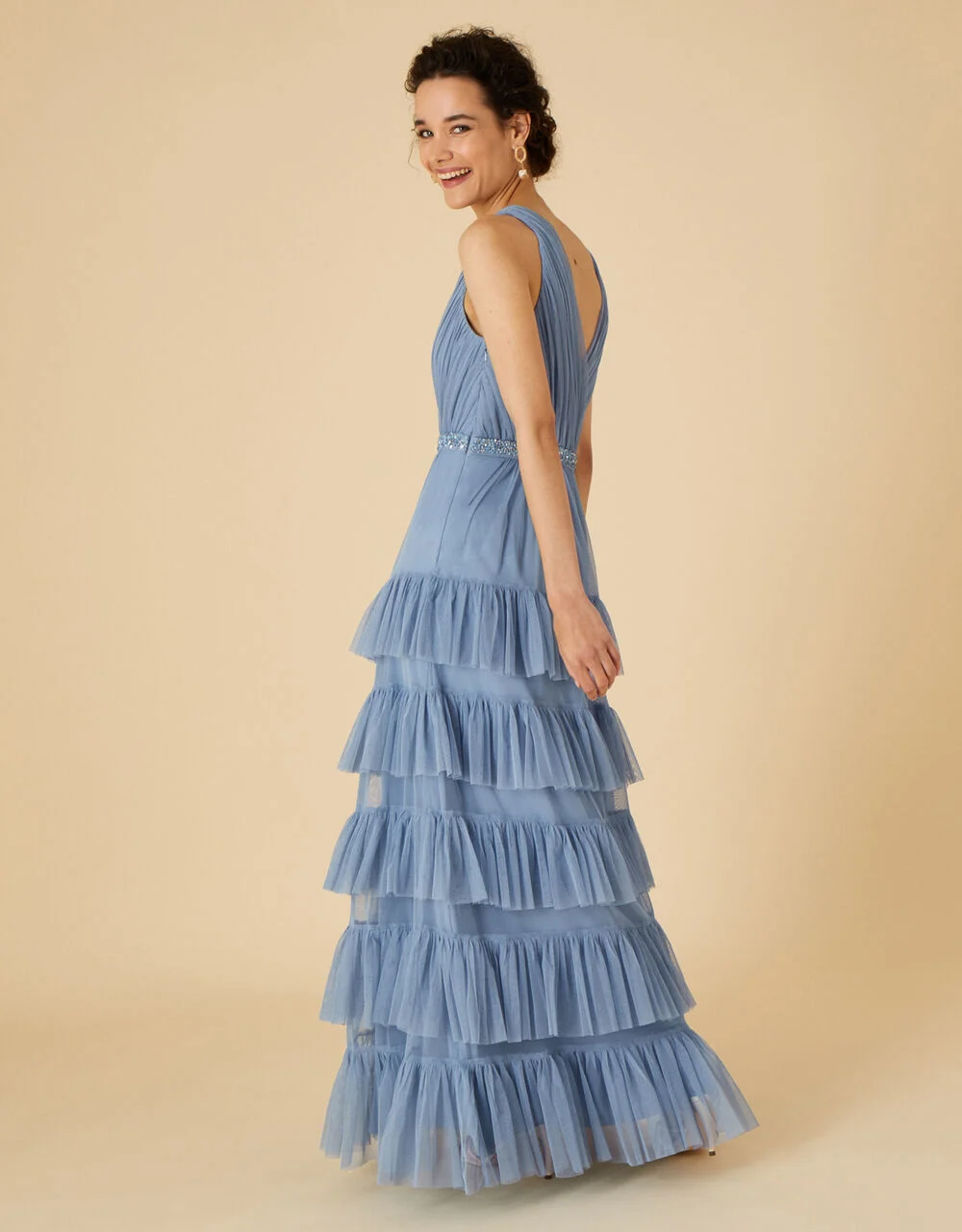 Monsoon Tilly Tiered Maxi Bridesmaid Dress In Recycled Polyester Blue 2 Monsoon Tilly Tiered Maxi Bridesmaid Dress In Recycled Polyester Blue - Image 2
