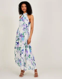 Monsoon Vivienna Halter Midi Dress In Sustainable Viscose Ivory/purple
