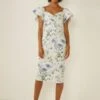 Oasis Floral Spot Wrap Detail Bardot Pencil Dress, White/Multi