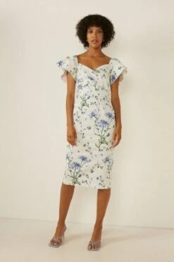 Oasis Floral Spot Wrap Detail Bardot Pencil Dress, White/Multi