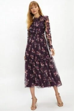 Coast High Neck Floral Long Sleeve Floral Midaxi Dress, Purple/Multi