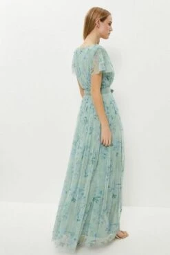 Coast Printed Tulle V-neck Tie Belt Maxi Bridesmaid Dress, Green/Multi -EleganceWear Store multi printed tulle v neck tie belt maxi dress3 e1640685668878