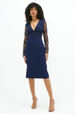 Coast Open Back Embroidered Midi Dress, Navy Blue -EleganceWear Store navy open back embroidered midi dress2