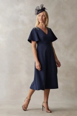 Coast Premium Flutter Sleeve Embellished Midi Dress, Navy Blue