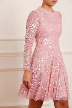 Needle & Thread Needle & Thread Aurelia Long Sleeve Mini Dress, Pink -EleganceWear Store needle thread aurelia long sleeve mini dress pink 1