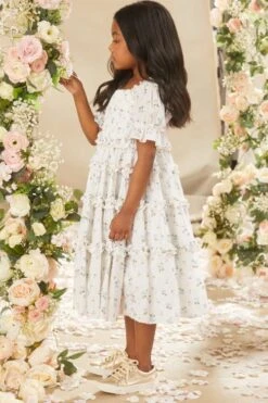 Needle & Thread Needle & Thread Bijou Rose Cotton Smocked Girls Dress, Ivory/blue