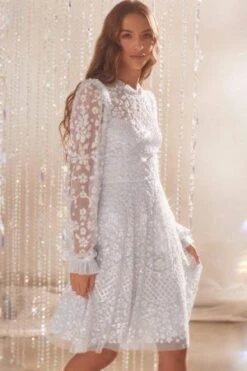 Needle & Thread Needle & Thread Seren Long Sleeve Mini Dress, Pale Blue