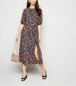 New Look Black Floral Tie Waist Midi Dress, Pink/Multi