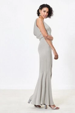 Oasis Amelia High Neck Cowl Back Bridesmaid Dress, Pale Grey