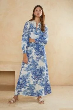 Oasis Embroidery Printed Floral Sleeve Maxi Dress, Blue/White
