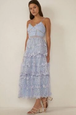 Oasis Lace Tiered Strappy Midi Dress, Light Blue