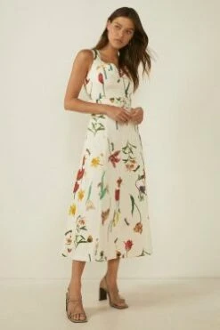 Oasis RHS Tulip Print Midi Dress, White/Multi