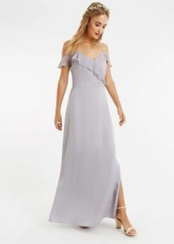 Oasis Ruffle Satin Maxi Bridesmaid Dress, Pale Grey