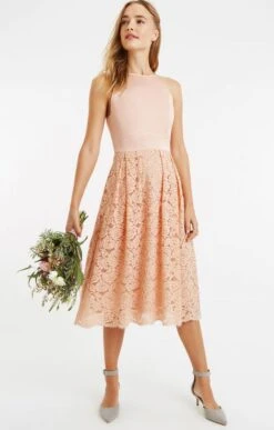 Oasis Satin Bodice Lace Midi Bridesmaid Dress, Dusty Pink/Nude