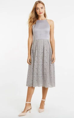 Oasis Satin Bodice Lace Midi Bridesmaid Dress, Pale Grey/Silver